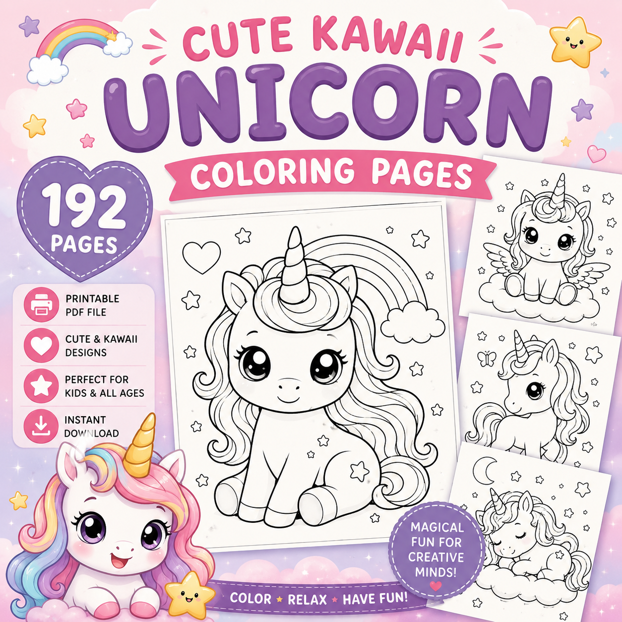Unicorn colouring worksheets